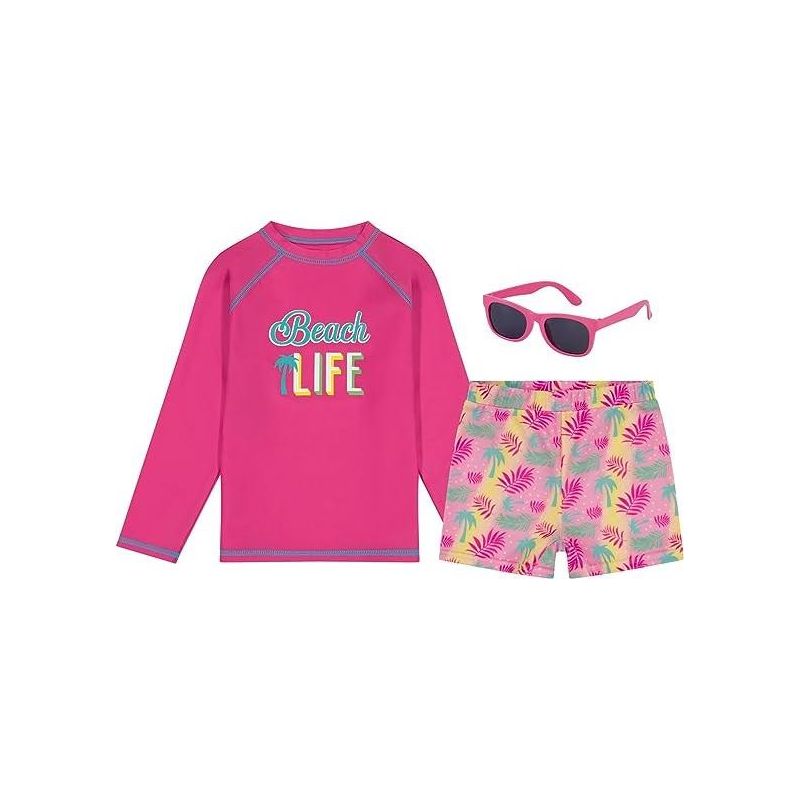 Girls Swim Set with Long Sleeve Rash Guard, Swim Shorts, and Sunglasses,  Kids Ages 3T-8 Years (Pink - Beach Life), 1 of 3