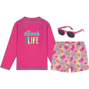 Girls Swim Set with Long Sleeve Rash Guard, Swim Shorts, and Sunglasses,  Kids Ages 3T-8 Years (Pink - Beach Life)