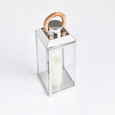 Chrome and Teak Outdoor Hanging Candle Lantern