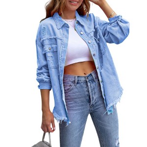 Coolmee Women's Oversized Ripped Denim Jacket Frayed Hem Button Front Boyfriend Jean Coat Western Shacket with Pockets - 1 of 4