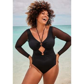 Swimsuits for All Women's Plus Size Mesh Sleeve Halter One-Piece Swimsuit