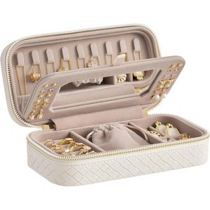 Travel Jewelry Case with Mirror, Woven Embossed PU Leather Organizer with Pouch, Portable, White - 1 of 4