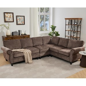 109.5'' Chenille Modular L-Shaped 6-Seater Sectional Sofa with Rivets Decorated Rolled Armrest and 7 Back Cushions - 1 of 4