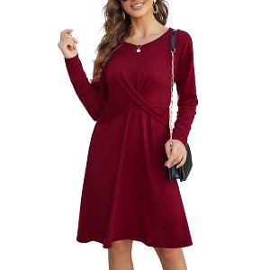Clearlove Women's Convertible Cross Waist Midi Dress Long Sleeve Stretch Knit Dress with Wrap Detail - 1 of 4