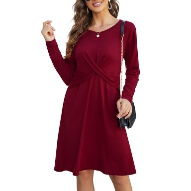 Clearlove Women's Convertible Cross Waist Midi Dress Long Sleeve Stretch Knit Dress with Wrap Detail Burgundy XXL