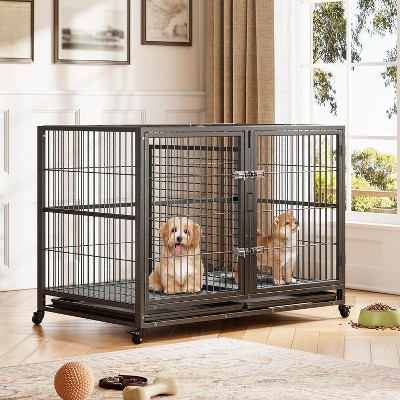 Garvee 42 Inch Heavy Duty Foldable Dog Crate with Removable Tray Wheels Dual Feeding Doors and Divider