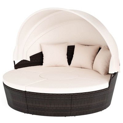 Tangkula Patio Round Daybed with Retractable Canopy PE Rattan Cushioned Sectional Seating with Center Table Couch & Throw Pillows Outdoor Sunbed