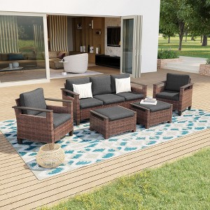 Sonkuki 5 Pieces Patio Sofa with Ottomans Set, All-Weather PE Rattan Wicker, Small Patio Conversation Couch with Cushion - 1 of 4