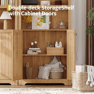 Double-deck storage shelf with cabinet doors in wood finish