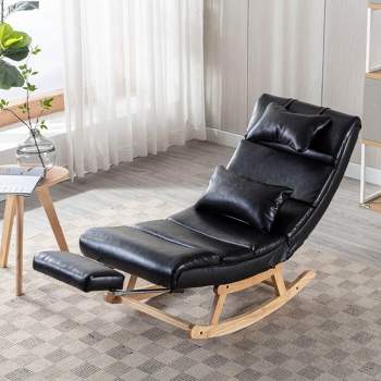Solid Wood Ergonomic Rocking Chair, PU Accent Chair with Retractable Footrest - Maison Boucle