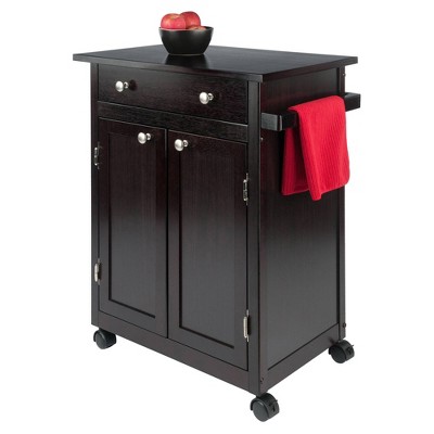 Transitional Espresso Wood Kitchen Cart with Storage and Towel Bar