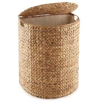 Casafield Half Moon Laundry Hamper with Lid and Removable Liner Bag, Woven Water Hyacinth Laundry Basket for Clothes, Towels