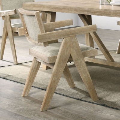 Anybear 2pc Dining Room Arm Chairs Oak Finish Upholstered Polyester Seat