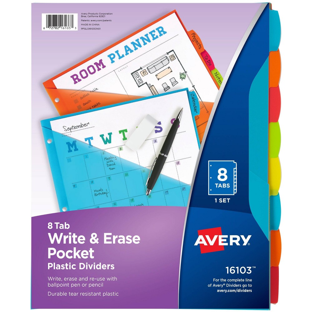 Avery 8ct Write & Erase Pocket Tab Plastic Divider Set: Multicolor Filing Accessories for Binders