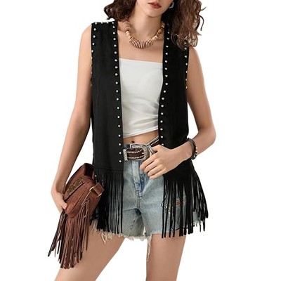 Women's 70s Hippie Fringe Vest Cardigan Rivets Sleeveless Jacket