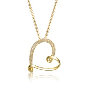 Guili 14K Yellow Gold Plated Necklace with Cubic Zirconia Open Ribbon Heart Pendant, adding romantic charm and elegance to your look. - 1 of 2