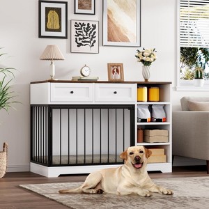 Dog Crate Furniture 47", Large Dog Crate TV Stand with 2 Drawers and 4 Shelves, Wooden Dog Kennel Indoor, Decorative Dog Cage with Storage, Black - 1 of 4