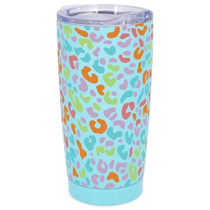 Elanze Designs 20 oz Stainless Steel On the Go Insulated Travel Tumbler With Push Top Lid, Rainbow Cheetah Leopard Print Sky Blue - 1 of 4