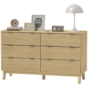 Yukimo 53.9" Natural Wood 6-Drawer Dresser, Fluted Chest of Drawers with Gold Finger Pulls and Wood Legs for Bedroom - 1 of 4