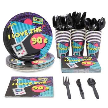 Blue Panda 144 Piece I Love the 90s Theme Party Decorations, Retro 1990s Birthday Plates, Napkins, Cups, Cutlery (Serves 24)