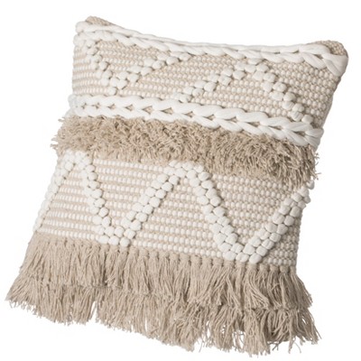 DEERLUX 16" Handwoven Cotton Throw Pillow Cover with White Dot Pattern and Natural Tassel Fringe Lines with Filler, Natural