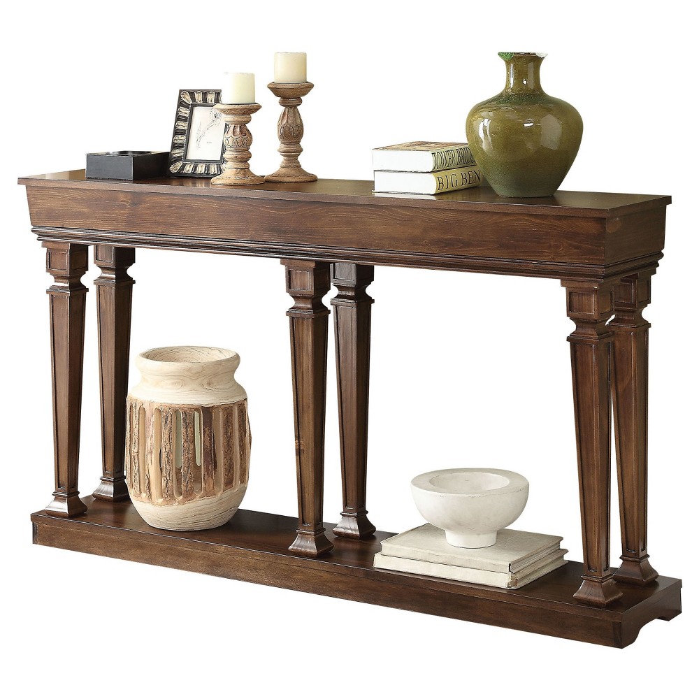 Console Table Oak - Acme Furniture: Elegant Two-Tier Design, Engraved Legs, Fixed Shelf