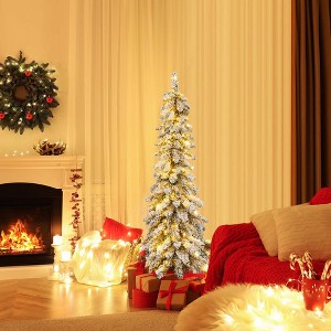 Costway 4 FT/5FT/6FT Pre-Lit Slim Christmas Tree Flocked Xmas Decoration 11 Modes 100 LED Lights - 1 of 4