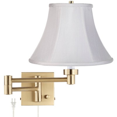 Barnes and Ivy Modern Swing Arm Wall Lamp Warm Antique Brass Plug-In Light Fixture White Fabric Bell Shade Bedroom Bedside Reading