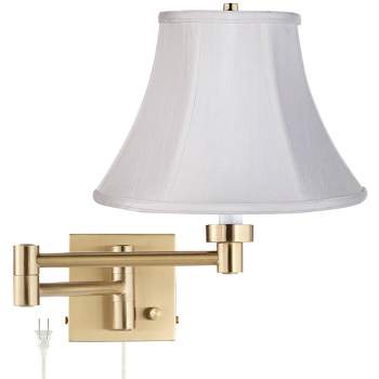Barnes and Ivy Modern Swing Arm Wall Lamp Warm Antique Brass Plug-In Light Fixture White Fabric Bell Shade Bedroom Bedside Reading