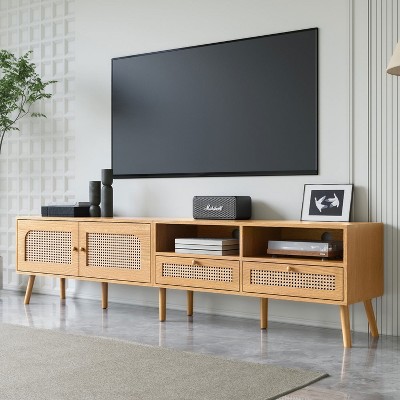 KTMBDW Boho TV Stand for TVs up to 85'',Modern Farmhouse Media Console,Entertainment Center with Solid Wood Legs,TV Cabinet for Living Room,Natural