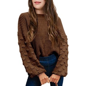 Girls Pullover Sweater Cable Knit Soft Comfy Sweater for Girls Crew Neck Sweater Puff Sleeve Ribbed Knit Cuff - 1 of 4