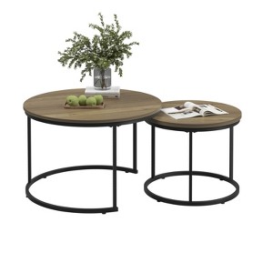 FONTOI 27.6" Round Coffee Table Set of 2 with Metal Frame, Floor Mount Side Table for Living Room Bedroom, Brown, 27.56"*17.72"*27.56" - 1 of 4