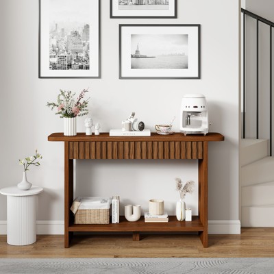 Bekrvio 51" Farmhouse Console Table with Drawers & Storage Shelf,Narrow Sofa Table Behind Couch, Wood Accent Table for Living Room, Hallway, Walnut