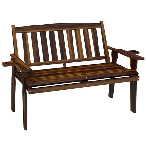 Outsunny Wood Outdoor Bench, 2-Person Garden Bench with Cupholder Armrests, Slatted Seat and Backrest, Park Bench for Patio, Porch, Lawn, Carbonized - 1 of 4