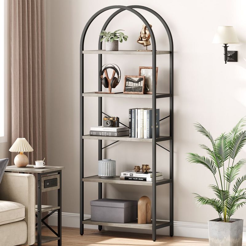 Arched Top Bookshelf 5 Tier Bookcase Grey, 3 of 6