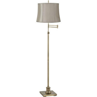 360 Lighting Swing Arm Floor Lamp Adjustable Height 70" Tall Antique Brass Gray Fabric Drum Shade for Living Room Reading Bedroom Office
