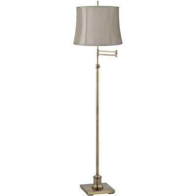 360 Lighting Swing Arm Floor Lamp Adjustable Height Antique Brass Gray Fabric Drum Shade for Living Room Reading Bedroom Office