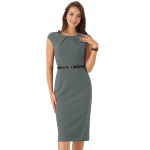 INSPIRE CHIC Women's Elegant Business Round Neck Belted Cap Sleeve Work Sheath Dresses - 1 of 4