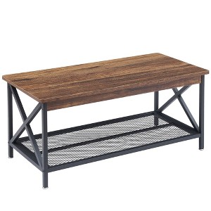 VECELO Industrial Wooden Coffee Table with Open Shelves and Storage X-Shaped Frame Rectangle Table - 1 of 4