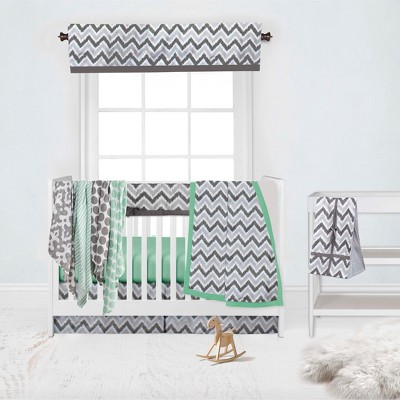 Bacati - Ikat Dots Stripes Mint Grey Neutral 10 pc Crib Set with Long Rail Guard Cover & 4 Muslin Swaddling Blankets