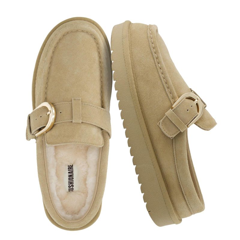 CUSHIONAIRE Origin Genuine Suede Mule Clogs for Women, Cozy Slip-On Moc Toe Loafer with Buckle and Faux Fur Cushioned Footbed, Biscuit 6