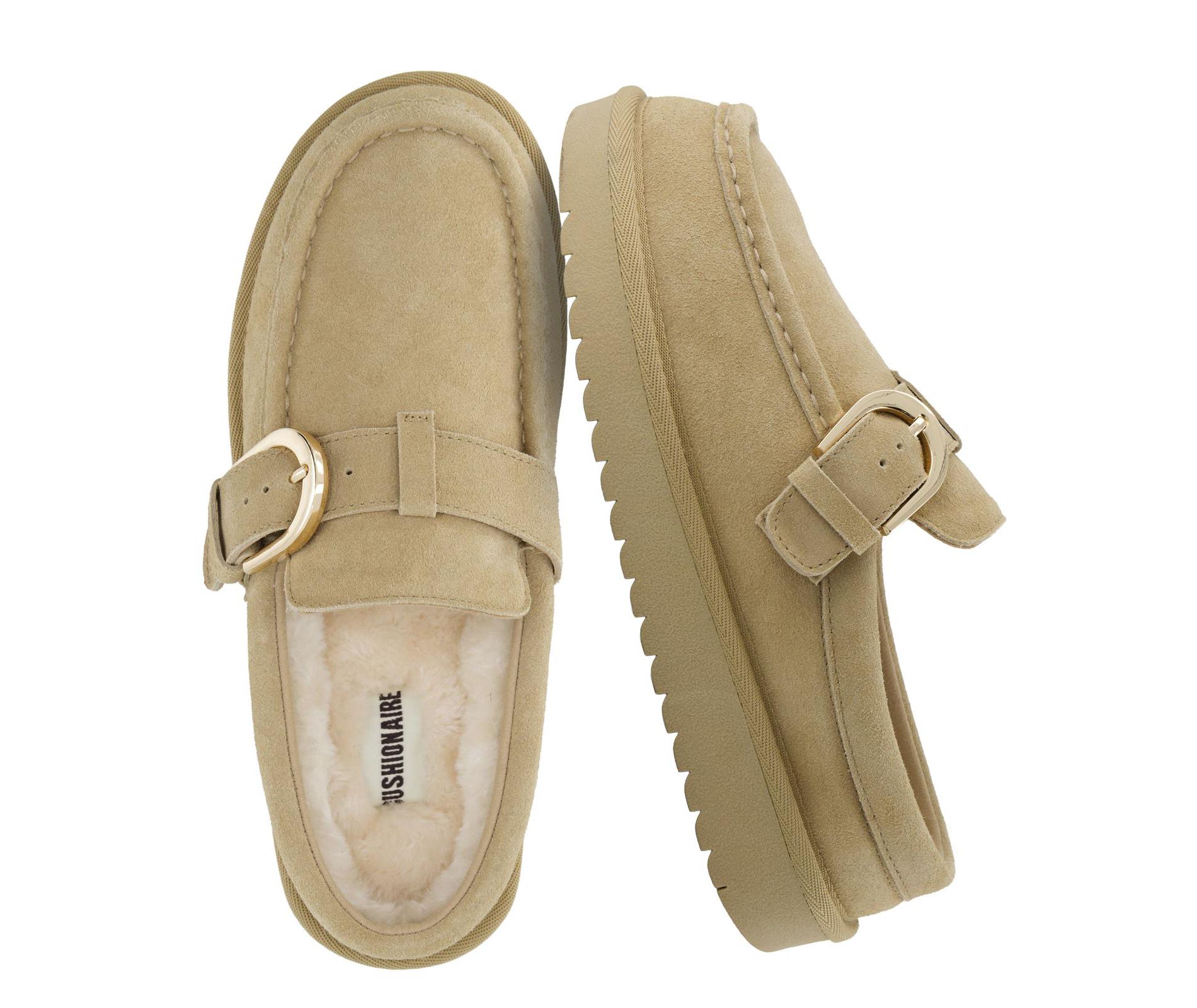 CUSHIONAIRE Origin Genuine Suede Mule Clogs for Women, Cozy Slip-On Moc Toe Loafer with Buckle and Faux Fur Cushioned Footbed