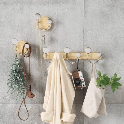 Natural Wood and Nickel 9-Hook Wall Mounted Coat Rack