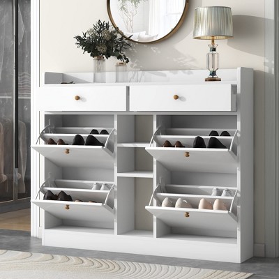 2-Tier Shoe Cabinet with 4 Flip for Entryway Modern Shoe Storage Cabinet with Drawers Freestanding Shoe Rack Storage Organizer for Hallway White