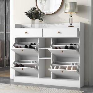 2-Tier Shoe Cabinet with 4 Flip for Entryway Modern Shoe Storage Cabinet with Drawers Freestanding Shoe Rack Storage Organizer for Hallway White - 1 of 4