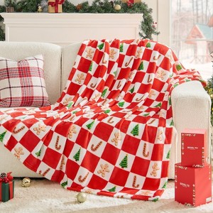 Christmas Throw Blanket – Red and White Checkered Holiday Blanket with Gingerbread Man, Candy Cane & Christmas Tree Pattern - 1 of 4