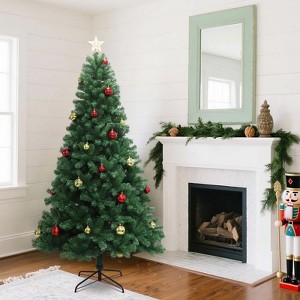 7FT Artificial Christmas Tree with Remote Control, Premium Hinged Artificial Pine Lighted Holiday with Metal Stand for Living Room Party Decoration - 1 of 4