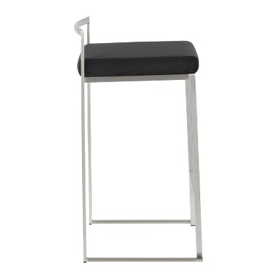 Fuji Brushed Stainless Steel Stackable Counter Stools with Black Velvet Cushion, Set of 2