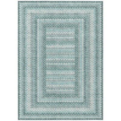 Teal Blue And Ivory Geometric Washable Indoor Outdoor Area Rug