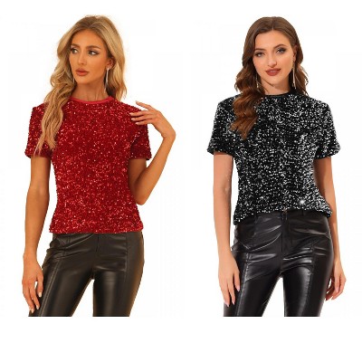 INSPIRE CHIC Women's Sequin Velvet Crew Neck Short Sleeve T-shirt 2 Packs
